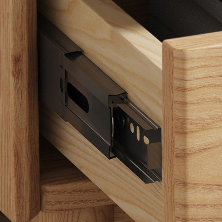 Traditional Chinese Ash Wood Metal Square-Cylinder Nightstand With 2 Drawers For Bedroom