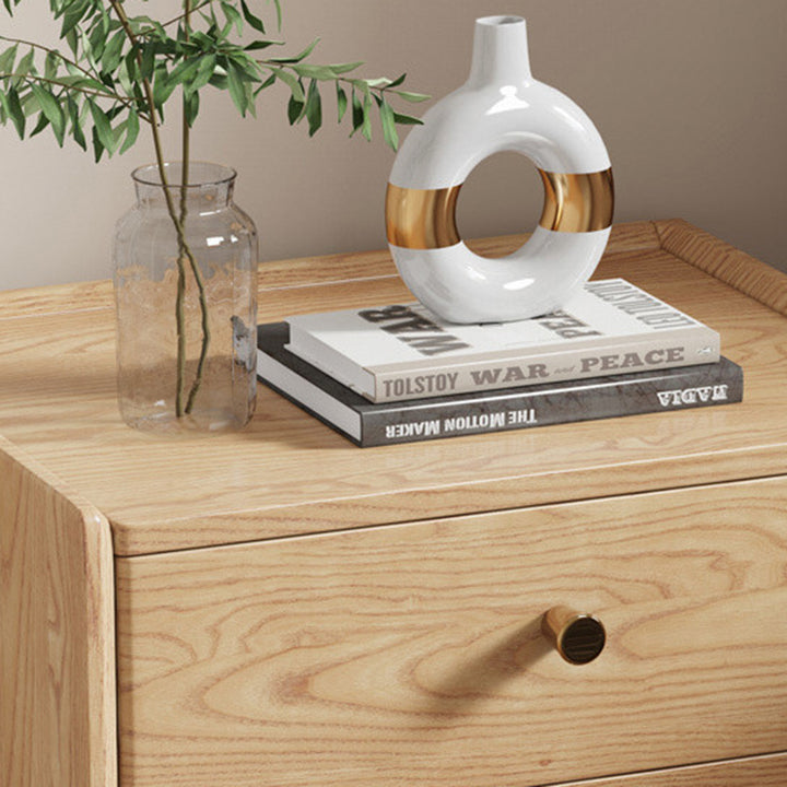 Traditional Chinese Ash Wood Metal Square-Cylinder Nightstand With 2 Drawers For Bedroom