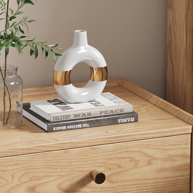 Traditional Chinese Ash Wood Metal Square-Cylinder Nightstand With 2 Drawers For Bedroom