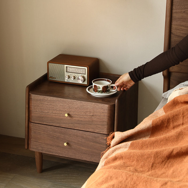 Traditional Japanese Black Walnut Wood Square Cylinder Nightstand With 2 Drawers For Bedroom