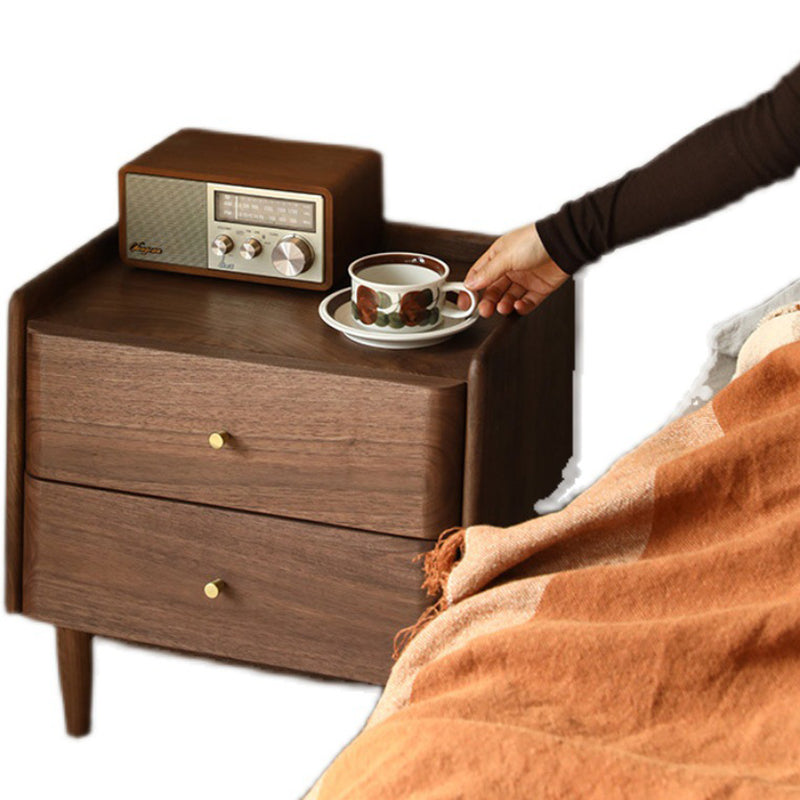 Traditional Japanese Black Walnut Wood Square Cylinder Nightstand With 2 Drawers For Bedroom