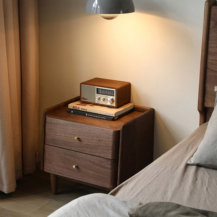 Traditional Japanese Black Walnut Wood Square Cylinder Nightstand With 2 Drawers For Bedroom