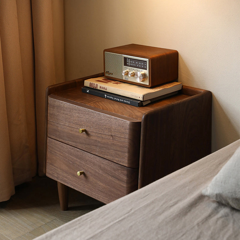 Traditional Japanese Black Walnut Wood Square Cylinder Nightstand With 2 Drawers For Bedroom