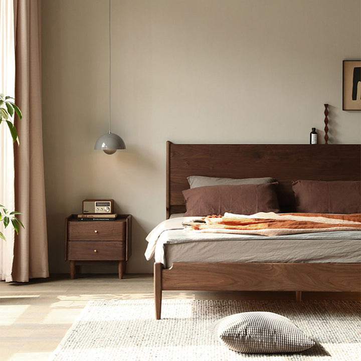 Traditional Japanese Black Walnut Wood Square Cylinder Nightstand With 2 Drawers For Bedroom