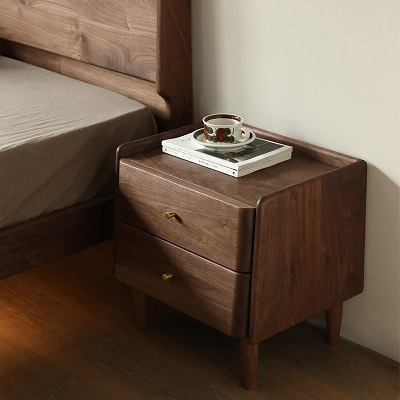Traditional Japanese Black Walnut Wood Square Cylinder Nightstand With 2 Drawers For Bedroom