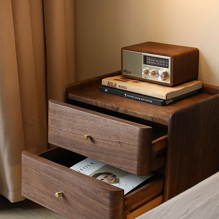Traditional Japanese Black Walnut Wood Square Cylinder Nightstand With 2 Drawers For Bedroom