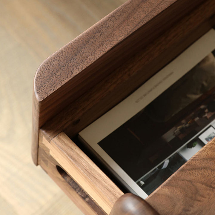 Traditional Japanese Black Walnut Wood Square Cylinder Nightstand With 2 Drawers For Bedroom