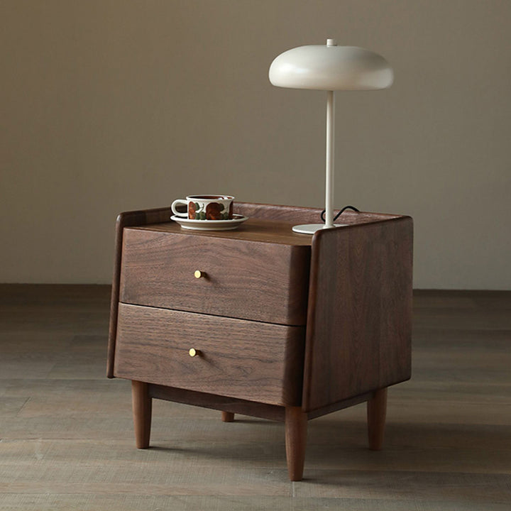 Traditional Japanese Black Walnut Wood Square Cylinder Nightstand With 2 Drawers For Bedroom