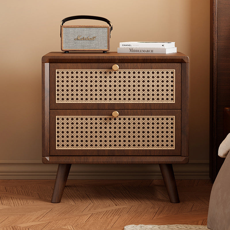 Traditional Chinese Rubberwood Metal Rounded-Square Nightstand With 2 Drawers For Bedroom