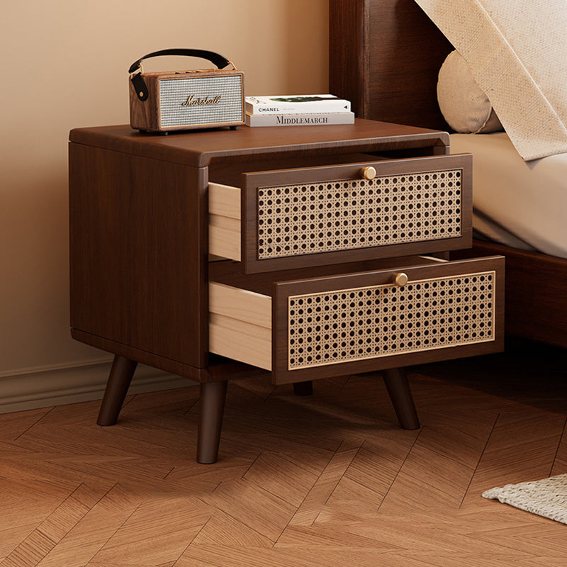 Traditional Chinese Rubberwood Metal Rounded-Square Nightstand With 2 Drawers For Bedroom