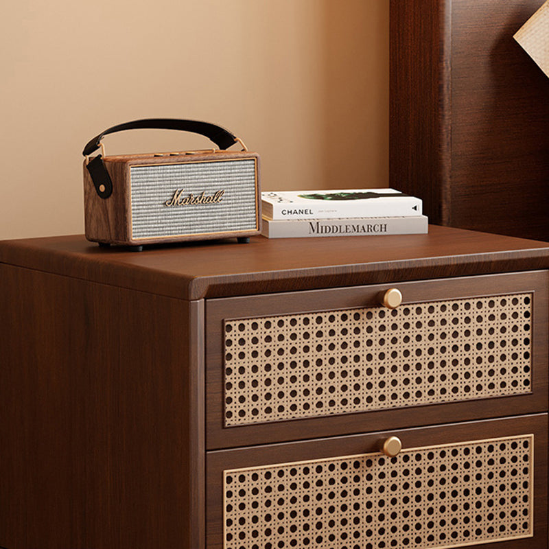 Traditional Chinese Rubberwood Metal Rounded-Square Nightstand With 2 Drawers For Bedroom