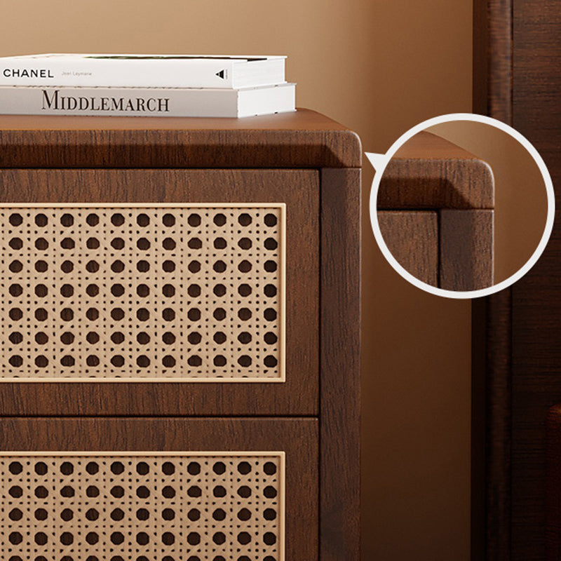 Traditional Chinese Rubberwood Metal Rounded-Square Nightstand With 2 Drawers For Bedroom