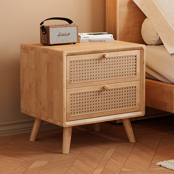 Traditional Chinese Rubberwood Metal Rounded-Square Nightstand With 2 Drawers For Bedroom