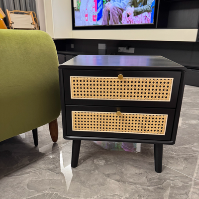 Traditional Chinese Rubberwood Metal Rounded-Square Nightstand With 2 Drawers For Bedroom