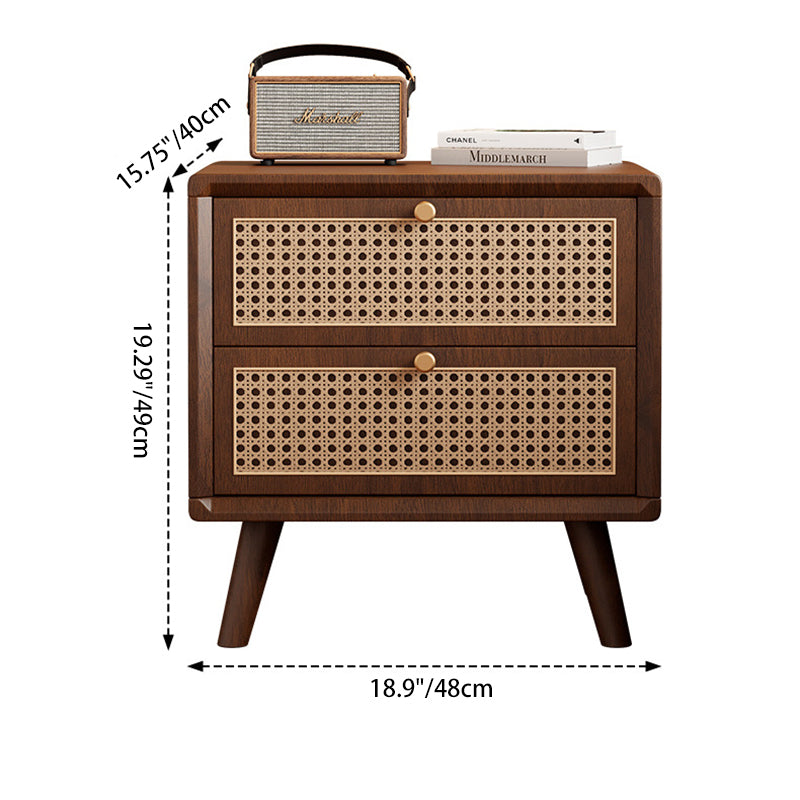 Traditional Chinese Rubberwood Metal Rounded-Square Nightstand With 2 Drawers For Bedroom