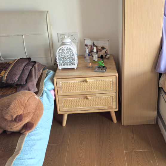Traditional Chinese Rubberwood Metal Rounded-Square Nightstand With 2 Drawers For Bedroom