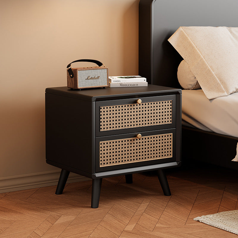 Traditional Chinese Rubberwood Metal Rounded-Square Nightstand With 2 Drawers For Bedroom