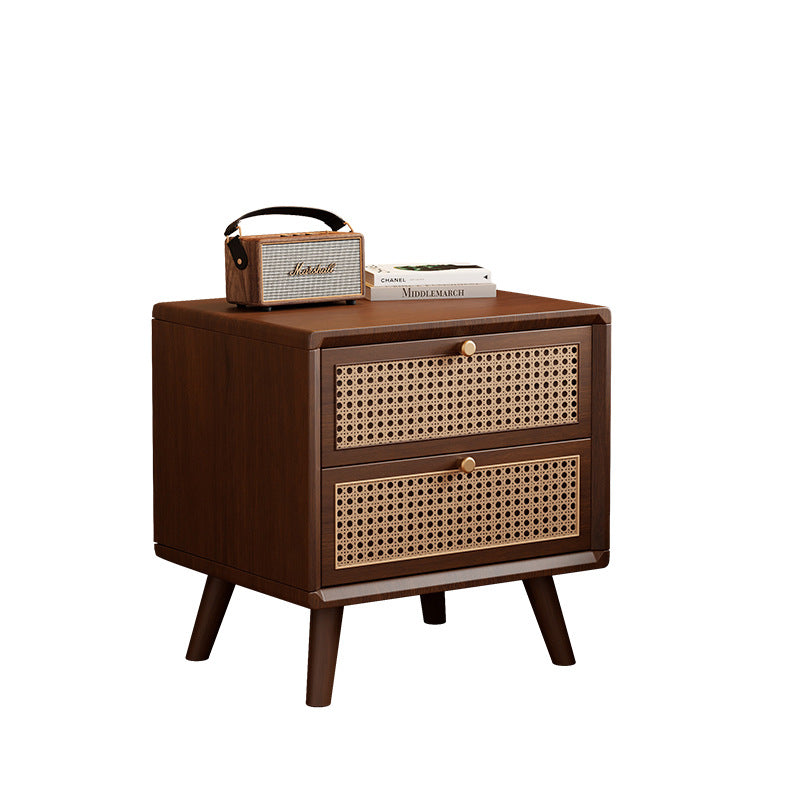 Traditional Chinese Rubberwood Metal Rounded-Square Nightstand With 2 Drawers For Bedroom