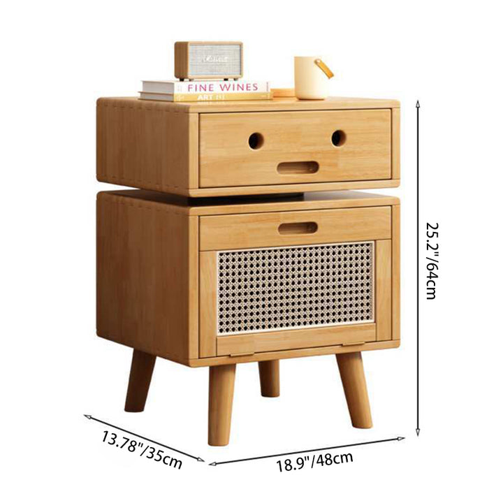 Traditional Chinese Solid Wood Faux Rattan Robot Square Nightstand With 2 Drawers For Bedroom