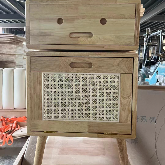 Traditional Chinese Solid Wood Faux Rattan Robot Square Nightstand With 2 Drawers For Bedroom
