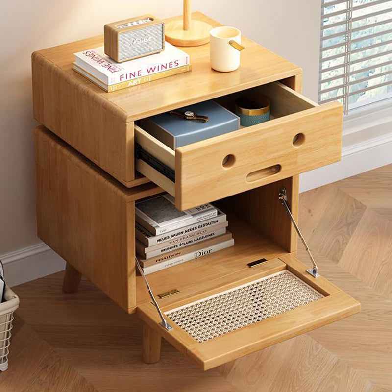 Traditional Chinese Solid Wood Faux Rattan Robot Square Nightstand With 2 Drawers For Bedroom