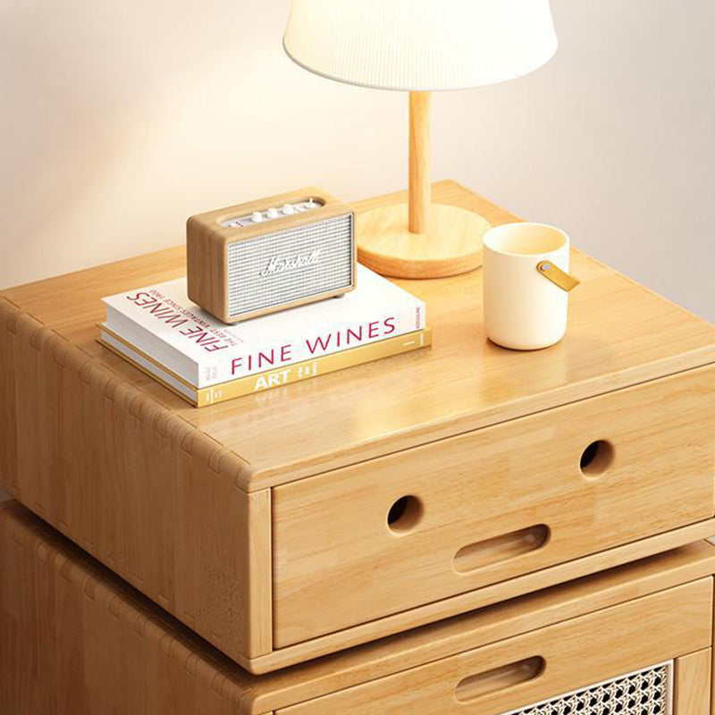 Traditional Chinese Solid Wood Faux Rattan Robot Square Nightstand With 2 Drawers For Bedroom