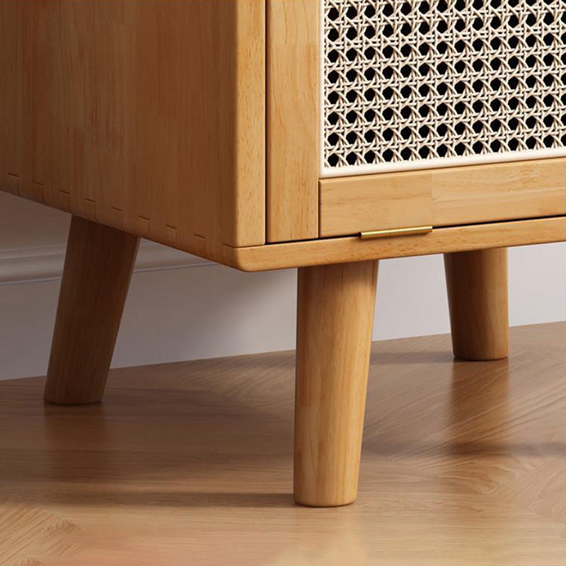 Traditional Chinese Solid Wood Faux Rattan Robot Square Nightstand With 2 Drawers For Bedroom