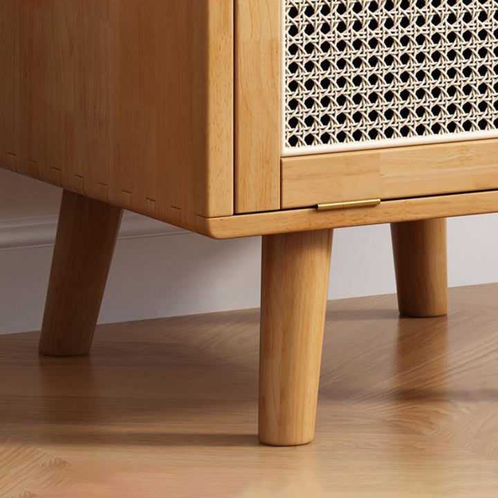 Traditional Chinese Solid Wood Faux Rattan Robot Square Nightstand With 2 Drawers For Bedroom