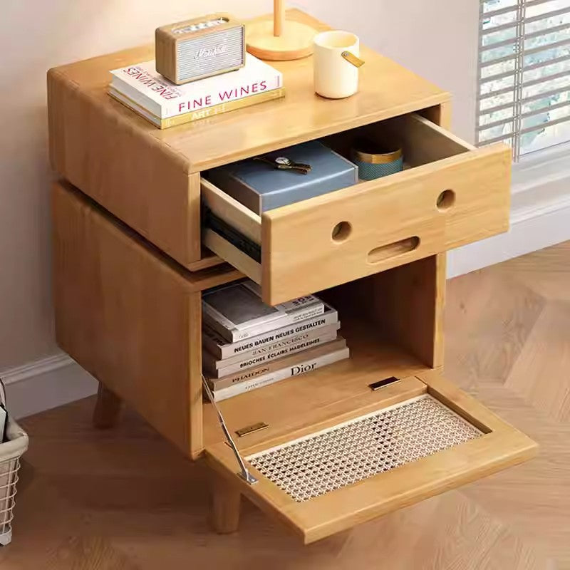 Traditional Chinese Solid Wood Faux Rattan Robot Square Nightstand With 2 Drawers For Bedroom