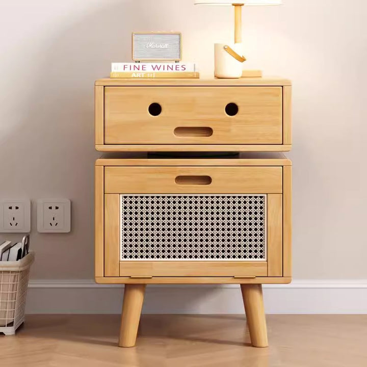 Traditional Chinese Solid Wood Faux Rattan Robot Square Nightstand With 2 Drawers For Bedroom