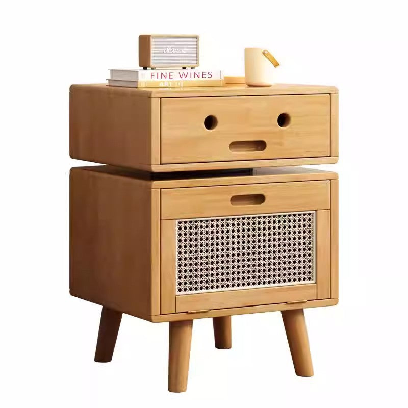 Traditional Chinese Solid Wood Faux Rattan Robot Square Nightstand With 2 Drawers For Bedroom