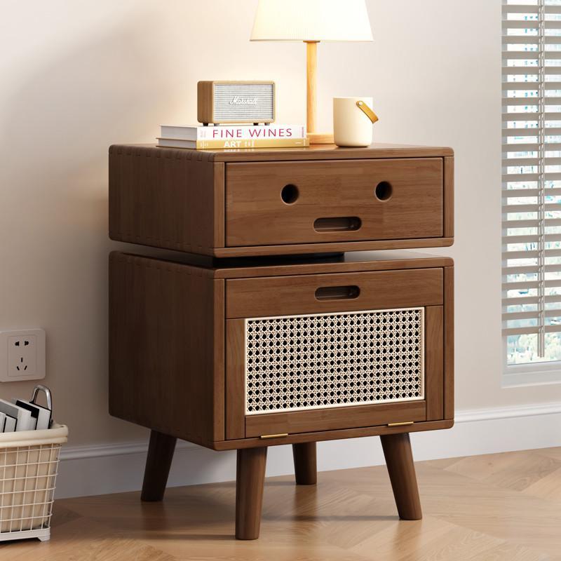 Traditional Chinese Solid Wood Faux Rattan Robot Square Nightstand With 2 Drawers For Bedroom