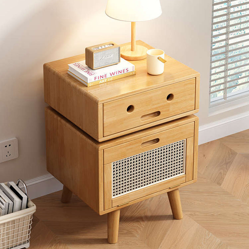 Traditional Chinese Solid Wood Faux Rattan Robot Square Nightstand With 2 Drawers For Bedroom