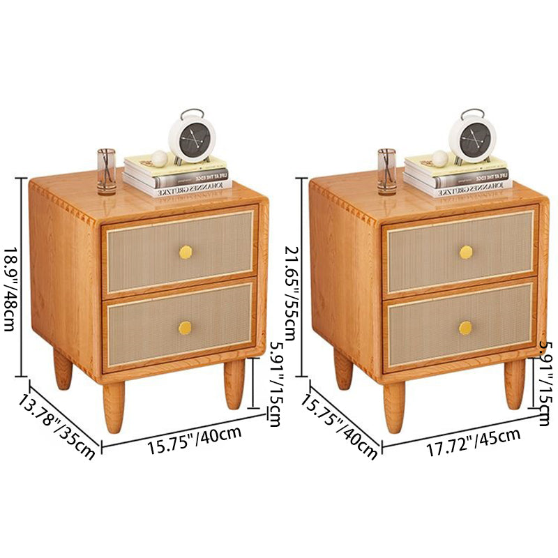 Table de chevet carrée arrondie en bois massif et rotin de style chinois traditionnel avec 2 tiroirs pour chambre à coucher 