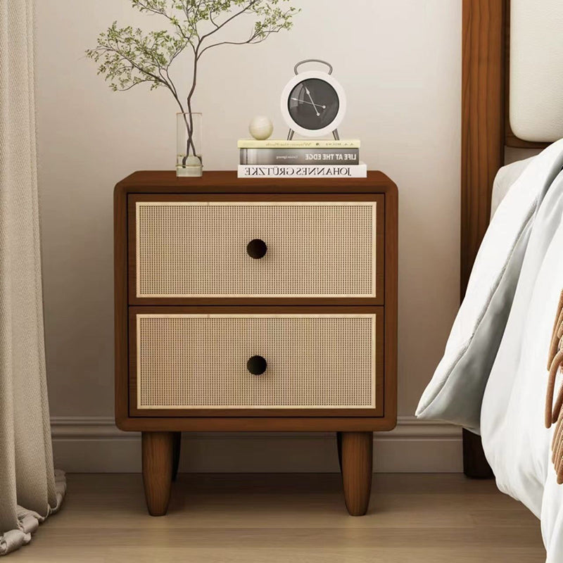 Traditional Chinese Solid Wood & Rattan Rounded Square Nightstand With 2 Drawers For Bedroom