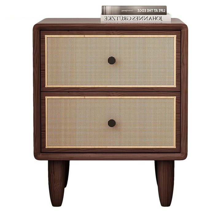 Table de chevet carrée arrondie en bois massif et rotin de style chinois traditionnel avec 2 tiroirs pour chambre à coucher 