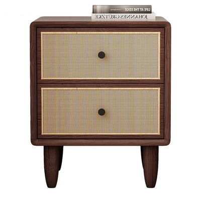 Traditional Chinese Solid Wood & Rattan Rounded Square Nightstand With 2 Drawers For Bedroom