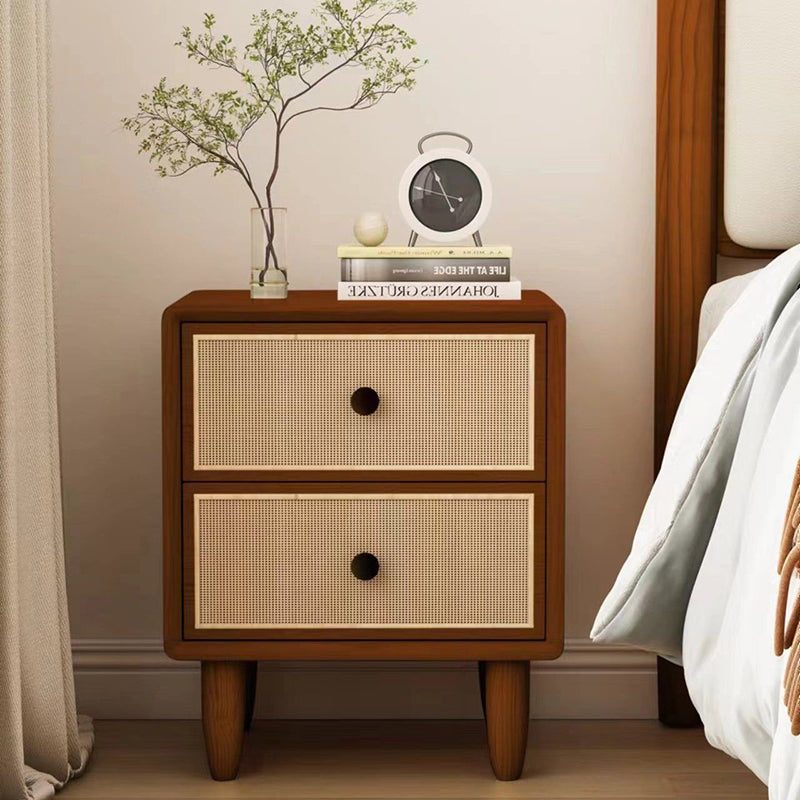 Traditional Chinese Solid Wood & Rattan Rounded Square Nightstand With 2 Drawers For Bedroom