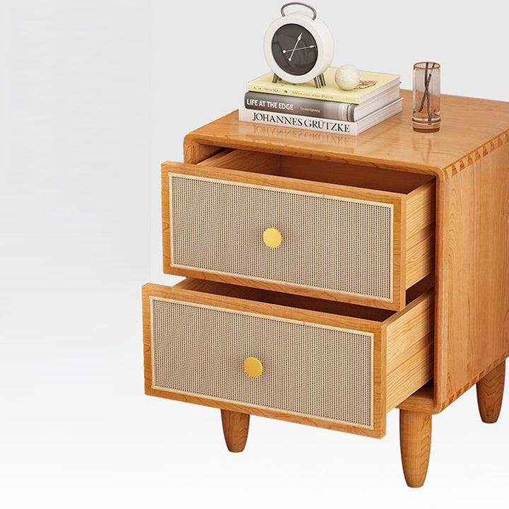 Table de chevet carrée arrondie en bois massif et rotin de style chinois traditionnel avec 2 tiroirs pour chambre à coucher 