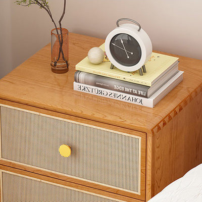 Traditional Chinese Solid Wood & Rattan Rounded Square Nightstand With 2 Drawers For Bedroom