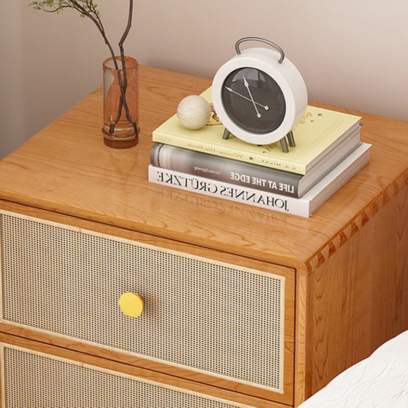 Traditional Chinese Solid Wood & Rattan Rounded Square Nightstand With 2 Drawers For Bedroom