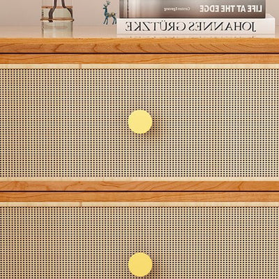 Traditional Chinese Solid Wood & Rattan Rounded Square Nightstand With 2 Drawers For Bedroom