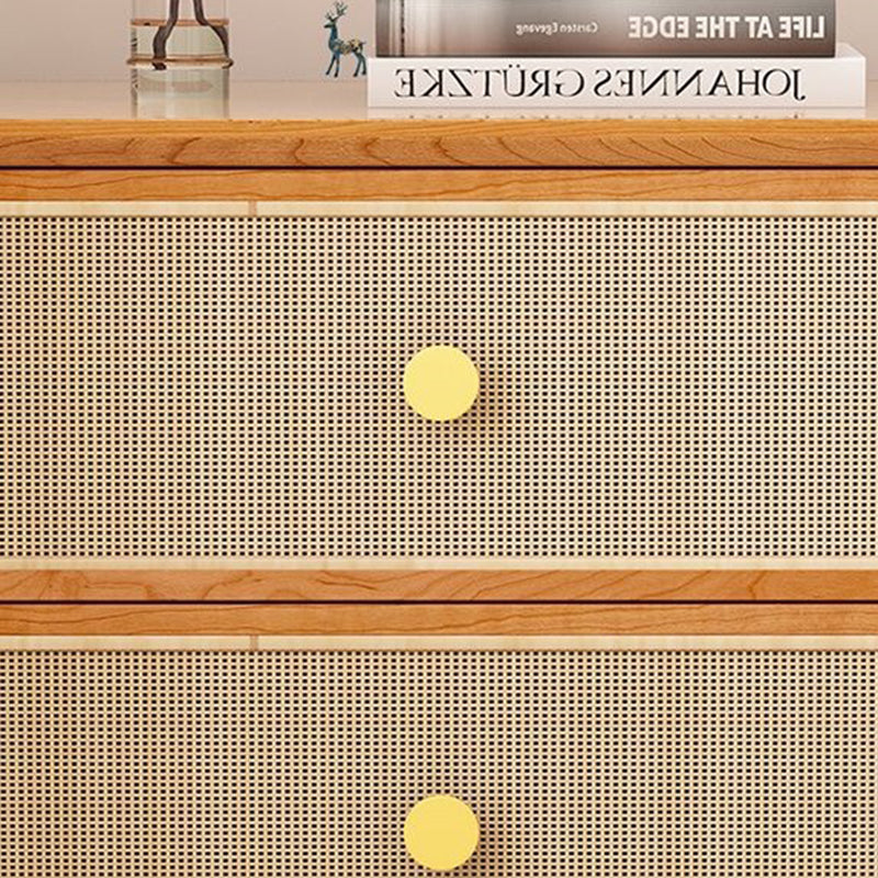 Traditional Chinese Solid Wood & Rattan Rounded Square Nightstand With 2 Drawers For Bedroom