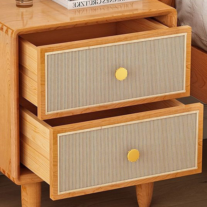 Table de chevet carrée arrondie en bois massif et rotin de style chinois traditionnel avec 2 tiroirs pour chambre à coucher 