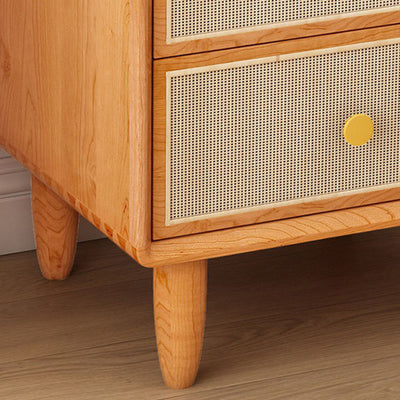 Traditional Chinese Solid Wood & Rattan Rounded Square Nightstand With 2 Drawers For Bedroom