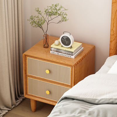 Traditional Chinese Solid Wood & Rattan Rounded Square Nightstand With 2 Drawers For Bedroom