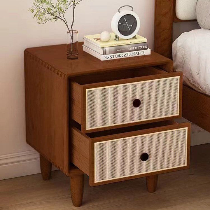 Table de chevet carrée arrondie en bois massif et rotin de style chinois traditionnel avec 2 tiroirs pour chambre à coucher 