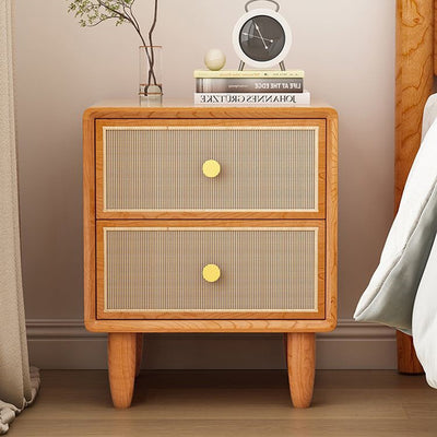 Traditional Chinese Solid Wood & Rattan Rounded Square Nightstand With 2 Drawers For Bedroom