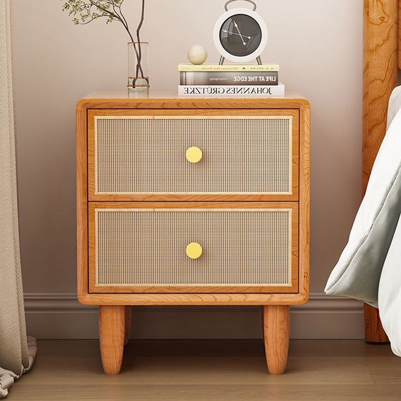 Traditional Chinese Solid Wood & Rattan Rounded Square Nightstand With 2 Drawers For Bedroom