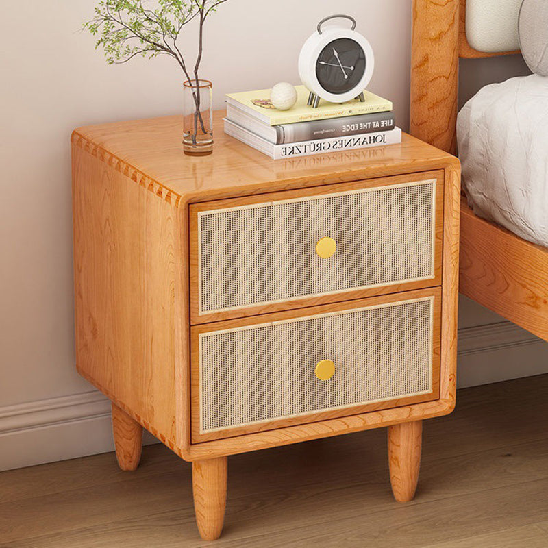 Table de chevet carrée arrondie en bois massif et rotin de style chinois traditionnel avec 2 tiroirs pour chambre à coucher 